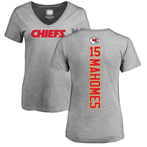 Women Football Kansas City Chiefs 15 Mahomes Patrick Ash Backer V-Neck T-Shirt